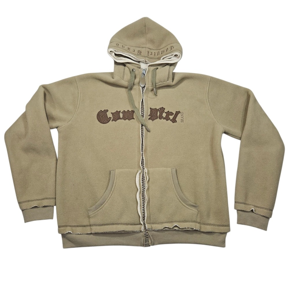 Cowgirl Brand VTG Y2K Fleece Sherpa Lined Zip Hoodie Tan Graphic Sz L